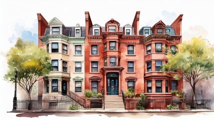 Naklejka premium Charming Watercolor Painting of Three Townhouses on a Tree Lined Street