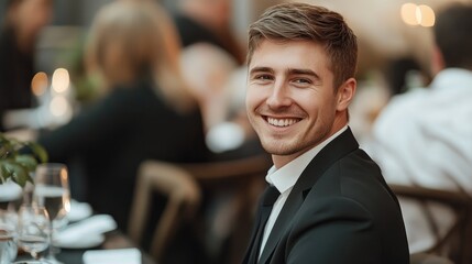 Obraz premium A confident young man in a light gray checkered suit and a turtleneck smiles at the camera while seated at a conference table.