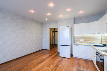 interior apartment kitchen and dining room, refectory area, cooking equipment, table furniture,...