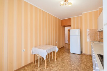 interior apartment kitchen and dining room, refectory area, cooking equipment, table furniture,...