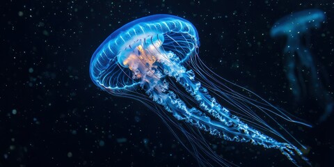 Fototapeta premium A glowing jellyfish floating in the dark ocean, its tentacles illuminated by bioluminescence