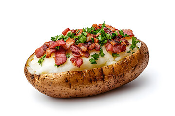 A large baked potato with bacon and cheese isolated on white background
