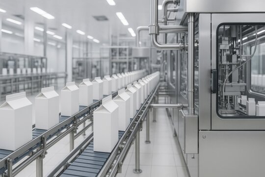 White carton packages move along a modern conveyor system in a clean dairy processing plant, ready for liquid filling. White milk cartons on conveyor in dairy factory

