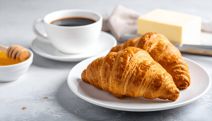 Delicious breakfast with fresh croissants and coffee served with butter and honey