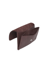 Close up of unfolded minimalist brown leather wallet on a white background