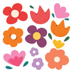 hand drawing cartoon flower and leaves sticker set. cute plant, doodle set