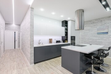 interior apartment kitchen and dining room, refectory area, cooking equipment, table furniture, stove