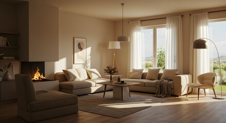 Fototapeta premium Living Room with Fireplace, Sofa and Decor