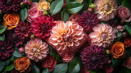 Naklejka premium Vibrant floral arrangement of dahlias and roses