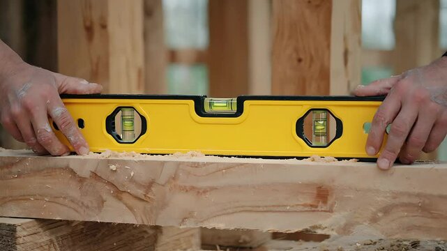 Checking wood level with bubble spirit level tool