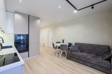 interior apartment kitchen and dining room, refectory area, cooking equipment, table furniture, stove