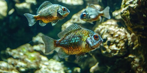 Fototapeta premium A group of exotic fish darting through transparent waters, their scales shimmering under the sun
