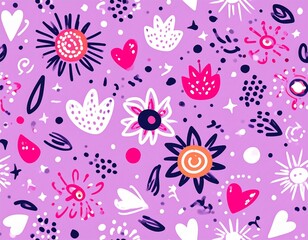 Grafika z ręcznie rysowanymi wzorami spiral, kropek, kwiat&oacute;w, gwiazdek, serduszek, maźnięć 