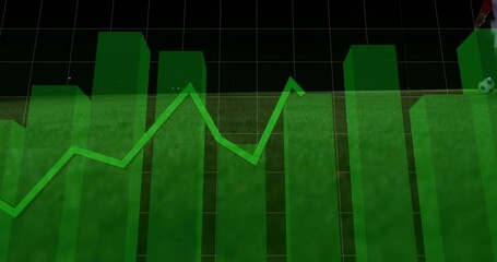 soccer player kicking ball on pitch, overlaying 3D green chart and line graph for sports tech - Powered by Adobe