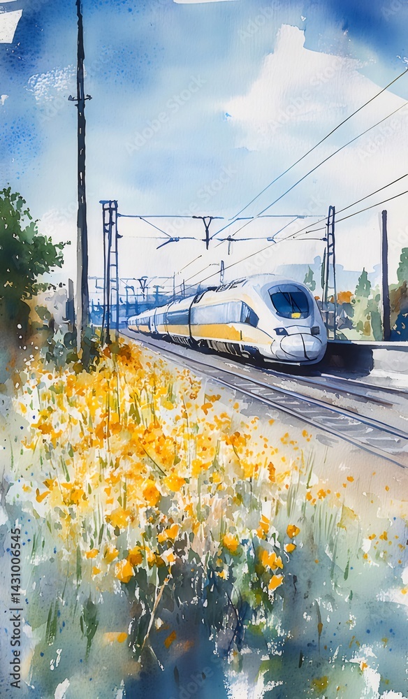 Aufkleber 水彩画の電車が走る風景 鮮やかな黄色い花が咲き乱れる草地と青空が広がる夏の情景