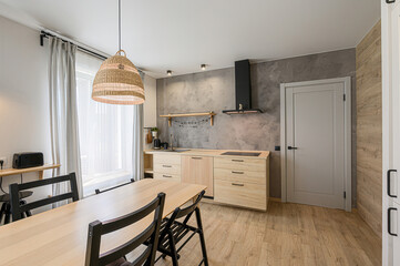 interior apartment kitchen and dining room, refectory area, cooking equipment, table furniture,...