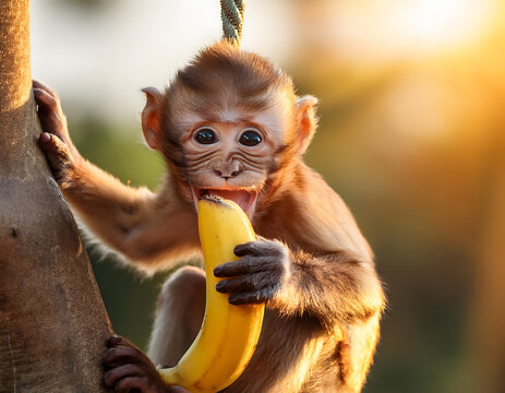 Baby monkey eating banana hanging on a rope at sunset