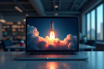 Space rocket shuttle with a cloud of smoke and blast takes off from a laptop on a working office desk. Creative idea and startup. Successful business project. AI