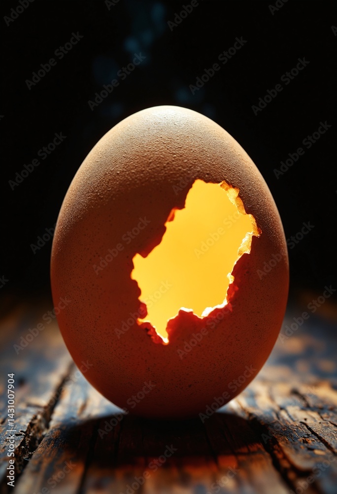 Poster close-up of a cracked eggshell with light shining through, metaphorical detail
