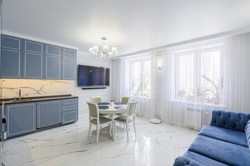 interior apartment kitchen and dining room, refectory area, cooking equipment, table furniture, stove