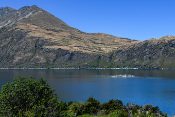 Landscape of Mou Waho scenic reserve in lake Wanaka, New Zealand