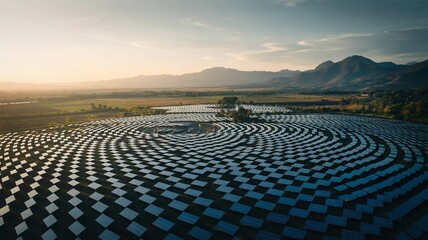 Circular arrangement of solar panels in a vast field at dusk. Complex mountain range, soft sunlight.