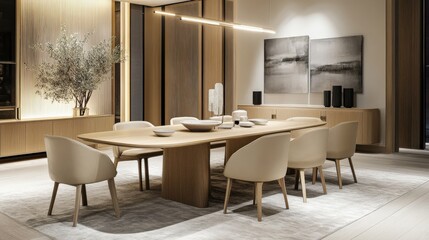 Sleek minimalist dining table with clean lines, crafted from light-toned wood