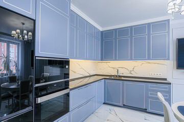 interior apartment kitchen and dining room, refectory area, cooking equipment, table furniture, stove