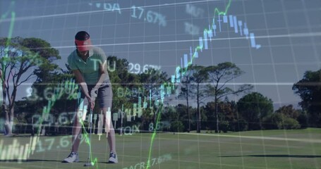 Woman golfer lining up putt on golf green, overlaying finance candlestick charts and percentages - Powered by Adobe