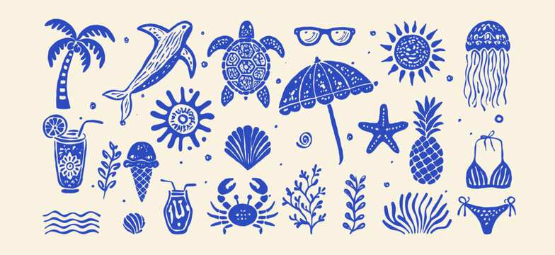 Hand-drawn tropical summer vector set with dolphin, sea turtle, jellyfish, crab, pineapple, cocktail, sun, swimsuit, ice cream, palm tree, coral  umbrella. Perfect for beach design, vacation or surf