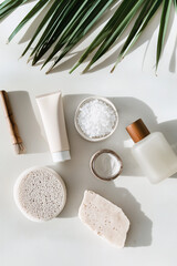 Skin care organic cosmetics and palm leaf on a white background