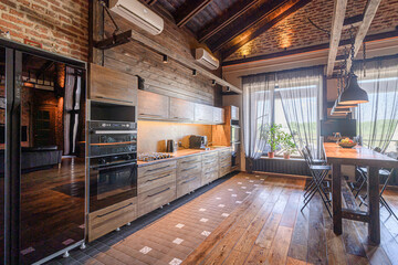 interior apartment kitchen and dining room, refectory area, cooking equipment, table furniture, stove