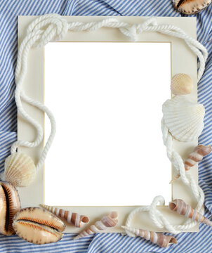 Decorative frame nautical theme  with rope, seashells
, blue and white striped fabric


