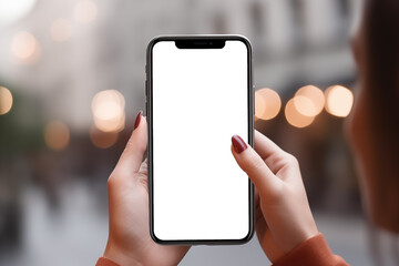 smartphone mobile mockup with empty white screen in girl's hands