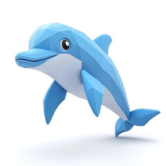 Obraz premium A light blue polygonal dolphin depicted as a stylized low-poly figure is positioned against a white background with a soft shadow.