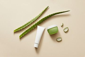 Skin Care. Aloe Vera Gel, Cream and Aloe Vera Leaves.