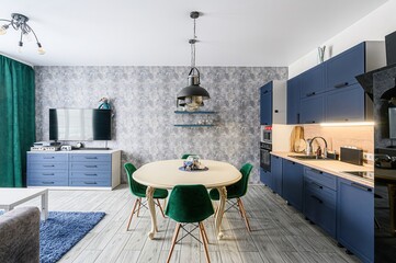 interior apartment kitchen and dining room, refectory area, cooking equipment, table furniture,...