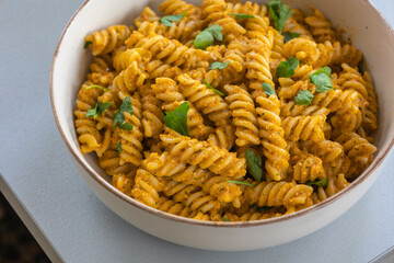  delicious and easy pasta dish with red bell pepper pesto, served as a comforting dinner