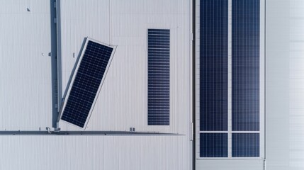 Fototapeta premium Rooftop solar panels on a warehouse or industrial building