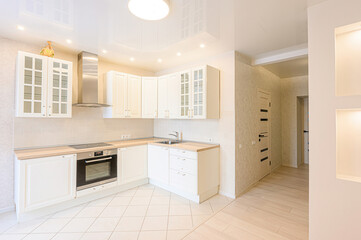 interior apartment kitchen and dining room, refectory area, cooking equipment, table furniture,...