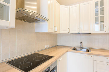 interior apartment kitchen and dining room, refectory area, cooking equipment, table furniture,...