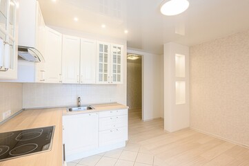 interior apartment kitchen and dining room, refectory area, cooking equipment, table furniture, stove