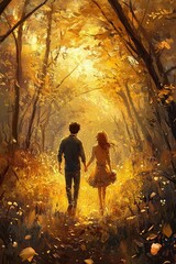 Golden autumnal pathway, couple walking hand-in-hand