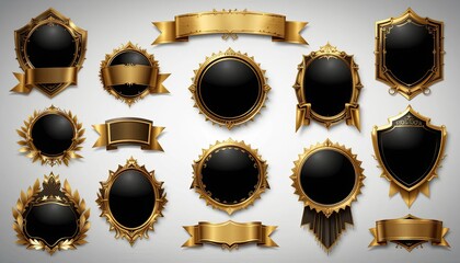 legant gold metallic banners and badge labels, vector art on white background, featuring black shapes or spaces in the center for logos or text, ideal for luxury packaging and awards-art