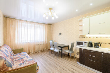interior apartment kitchen and dining room, refectory area, cooking equipment, table furniture,...