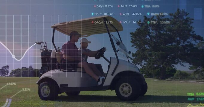 Golfing partners driving golf cart on fairway, showing floating finance graphs and arrows - Powered by Adobe