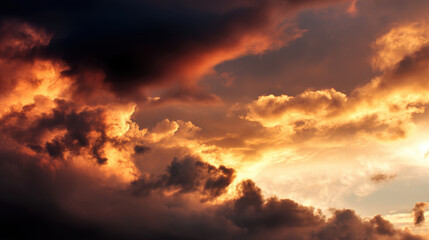 Dramatic sunset sky filled with orange and dark clouds creates a beautiful, ominous atmosphere perfect for backgrounds and atmospheric landscape photography.