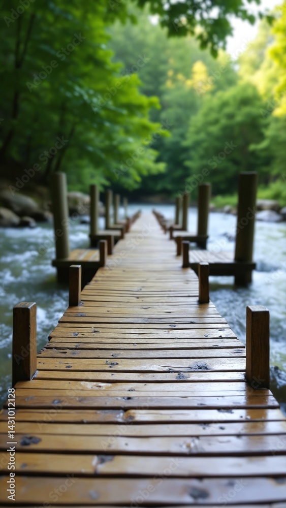 Poster empty wooden jetty over flowing water in front of green blurred background