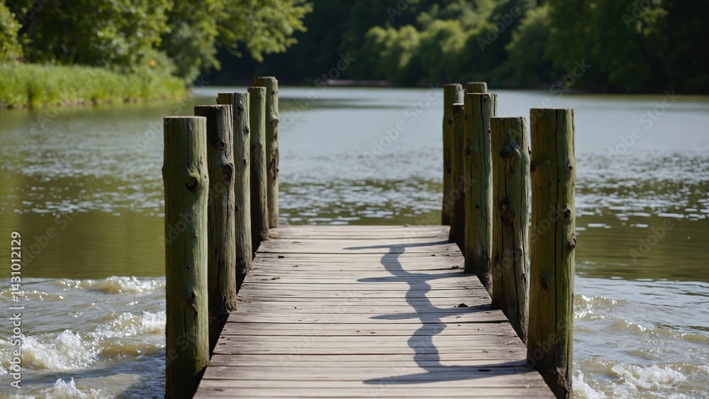 Poster empty wooden jetty over flowing water in front of green blurred background