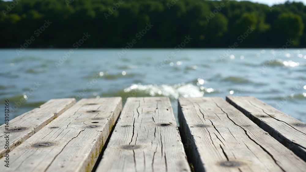 Poster empty wooden jetty over flowing water in front of green blurred background